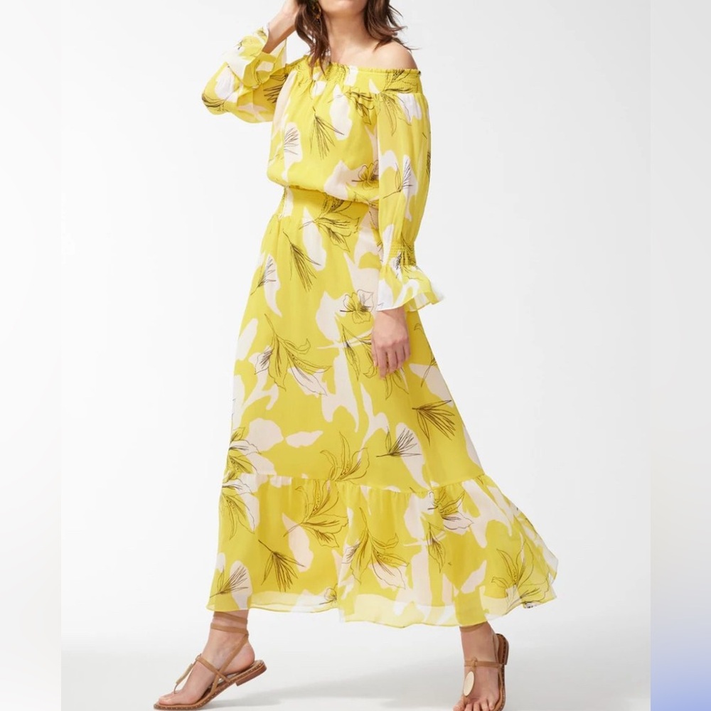RARE Chico’s Chiffon Off-Shoulder Pineapple Yellow Maxi Dress Chico’s SZ 2(L)